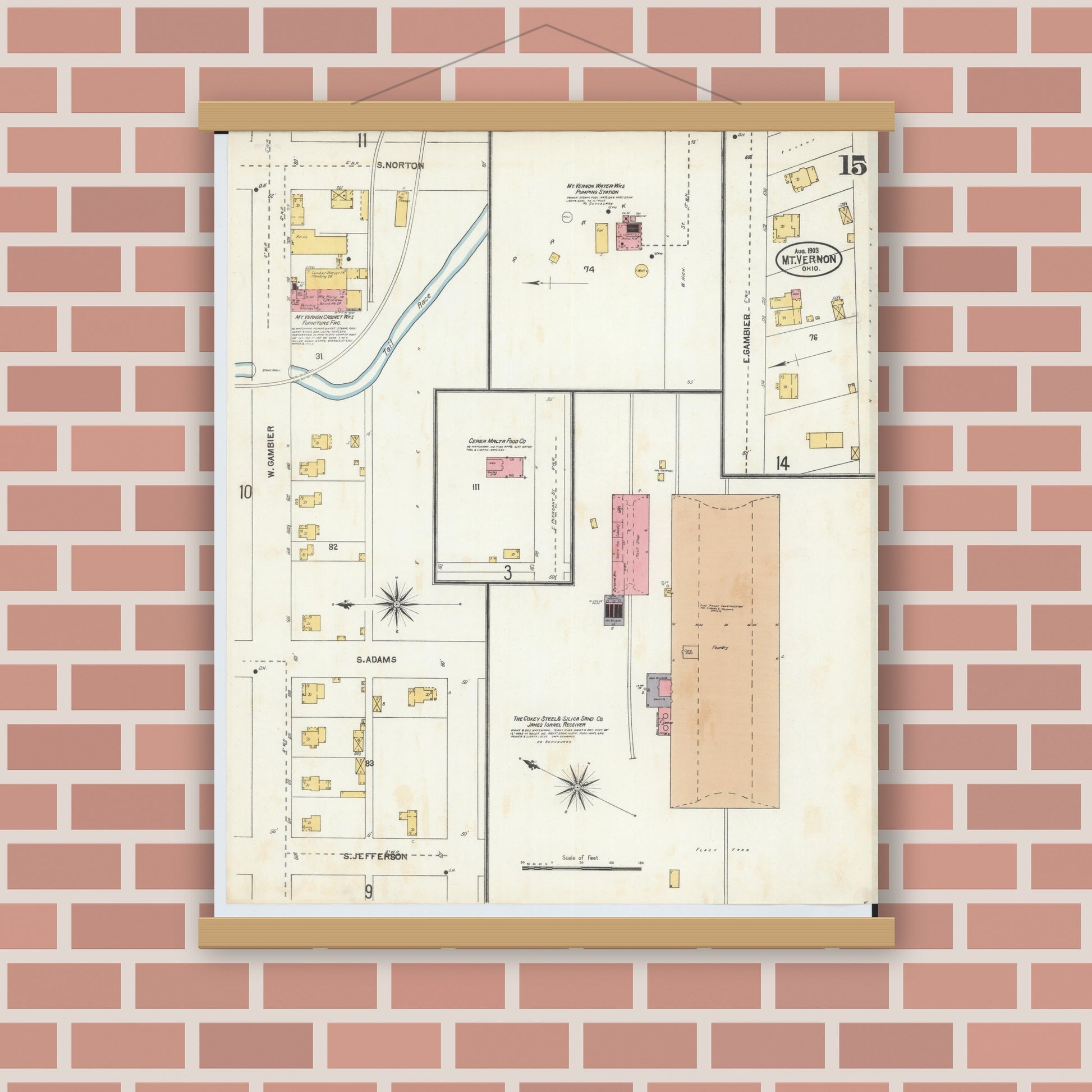 Old map wall art mockup — magnetic wood frame on brick wall — Sanborn Fire Insurance Map from Mount Vernon, Knox County, Ohio (1903), Sheet #0015