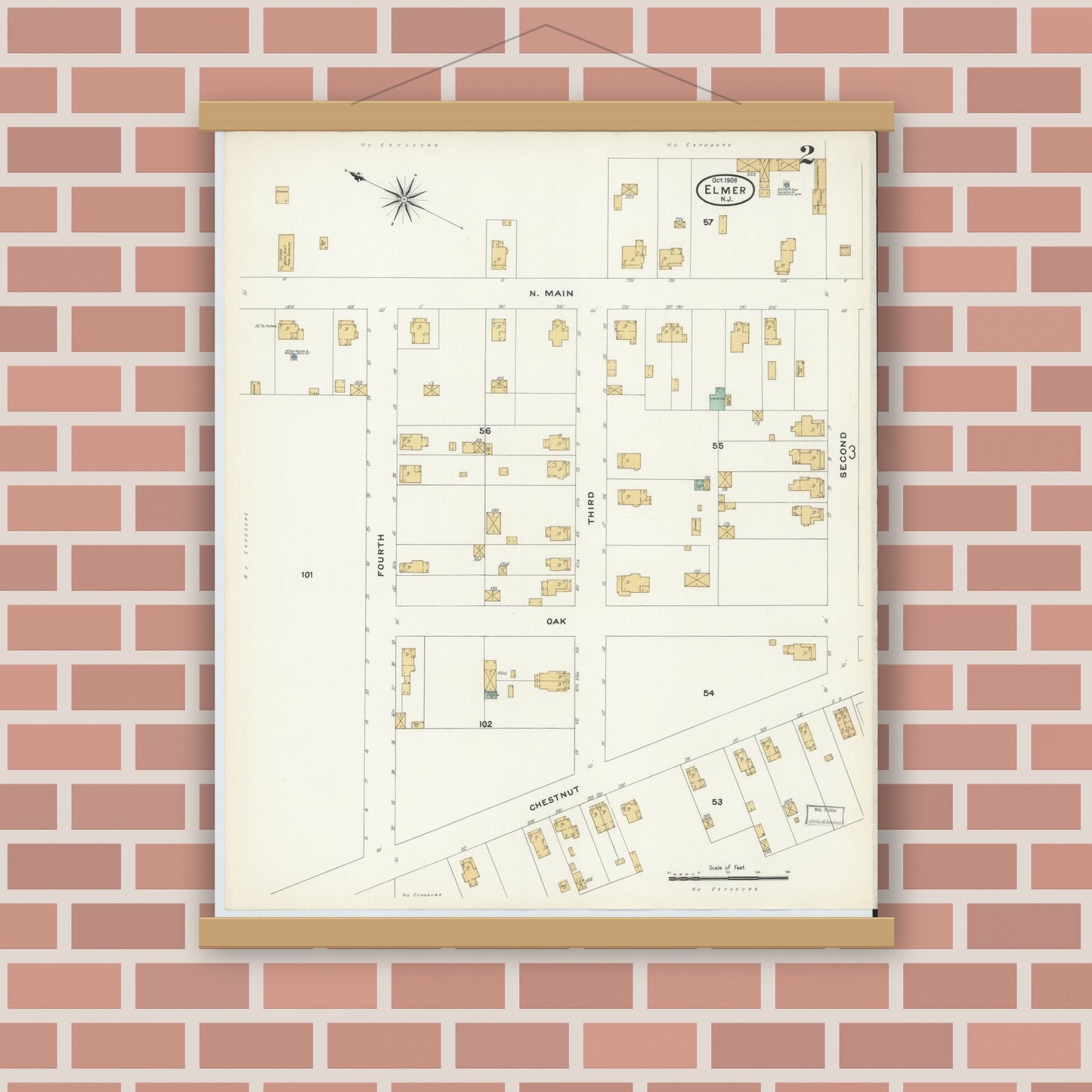 Old map wall art mockup — magnetic wood frame on brick wall — Sanborn Fire Insurance Map from Elmer, Salem County, New Jersey (1908), Sheet #0002