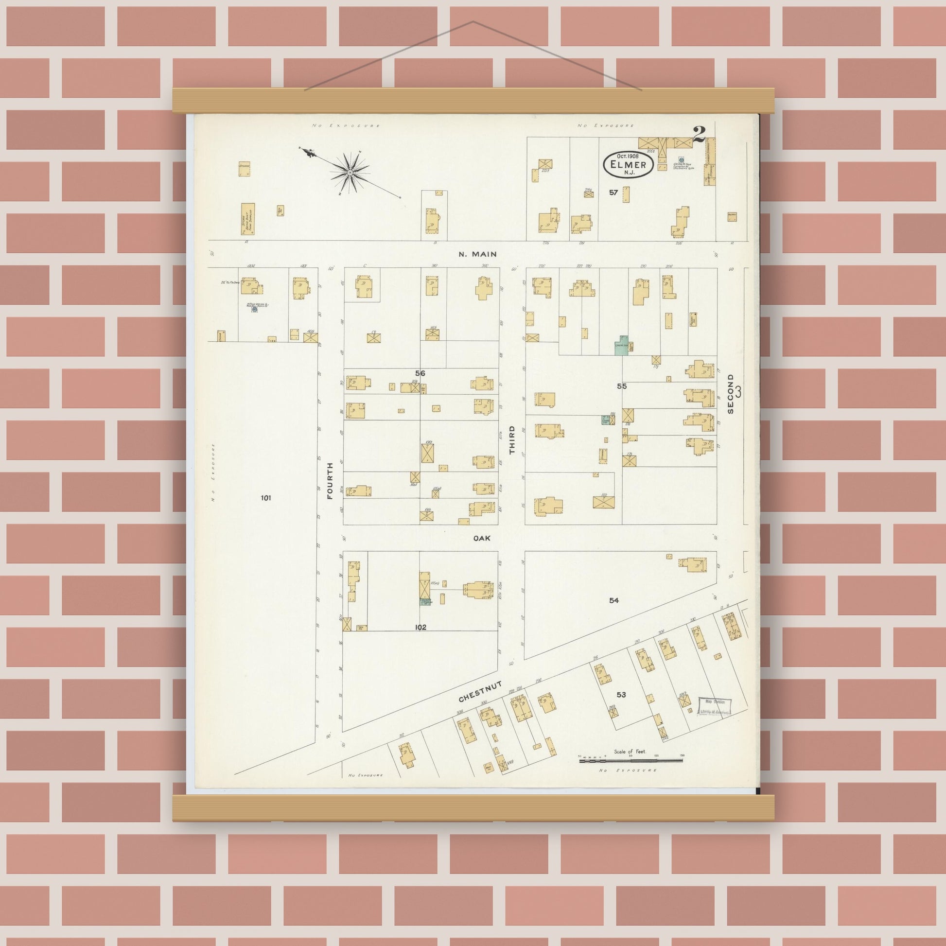 Old map wall art mockup — magnetic wood frame on brick wall — Sanborn Fire Insurance Map from Elmer, Salem County, New Jersey (1908), Sheet #0002