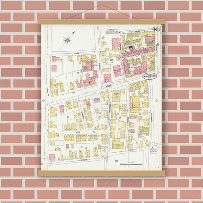 Old map wall art mockup — magnetic wood frame on brick wall — Sanborn Fire Insurance Map from Newburyport, Essex County, Massachusetts (1900), Sheet #0014