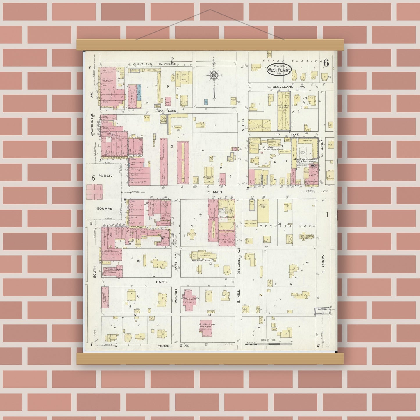 Old map wall art mockup — magnetic wood frame on brick wall — Sanborn Fire Insurance Map from West Plains, Howell County, Missouri (1914), Sheet #0006