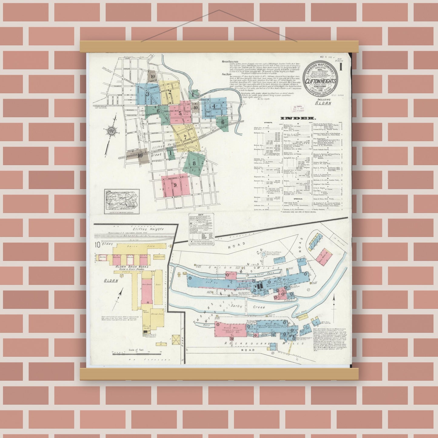 Old map wall art mockup — magnetic wood frame on brick wall — Sanborn Fire Insurance Map from Clifton Heights, Delaware County, Pennsylvania (1912) - Complete Map Set
