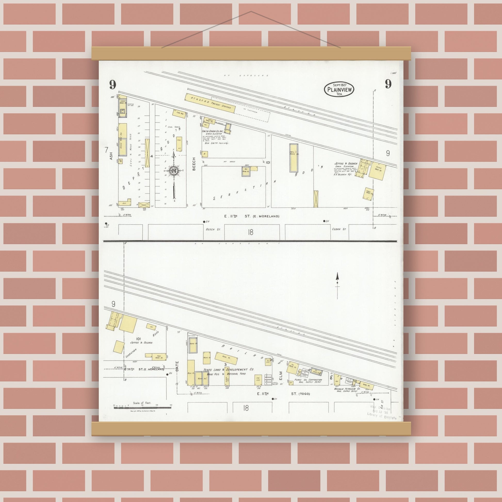 Old map wall art mockup — magnetic wood frame on brick wall — Sanborn Fire Insurance Map from Plainview, Hale County, Texas (1927), Sheet #0009