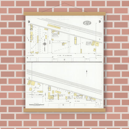 Old map wall art mockup — magnetic wood frame on brick wall — Sanborn Fire Insurance Map from Plainview, Hale County, Texas (1927), Sheet #0009