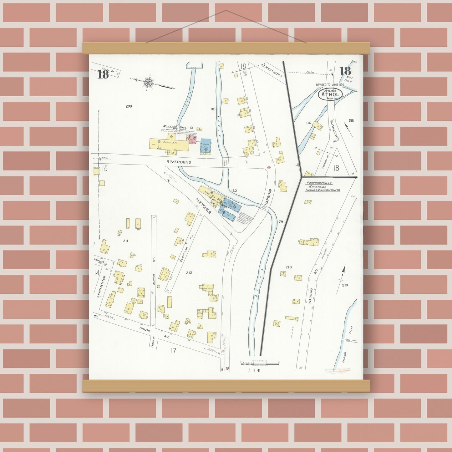 Old map wall art mockup — magnetic wood frame on brick wall — Sanborn Fire Insurance Map from Athol, Worcester County, Massachusetts (1936), Sheet #0018