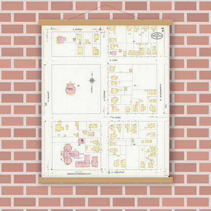 Old map wall art mockup — magnetic wood frame on brick wall — Sanborn Fire Insurance Map from Raleigh, Wake County, North Carolina (1909), Sheet #0007