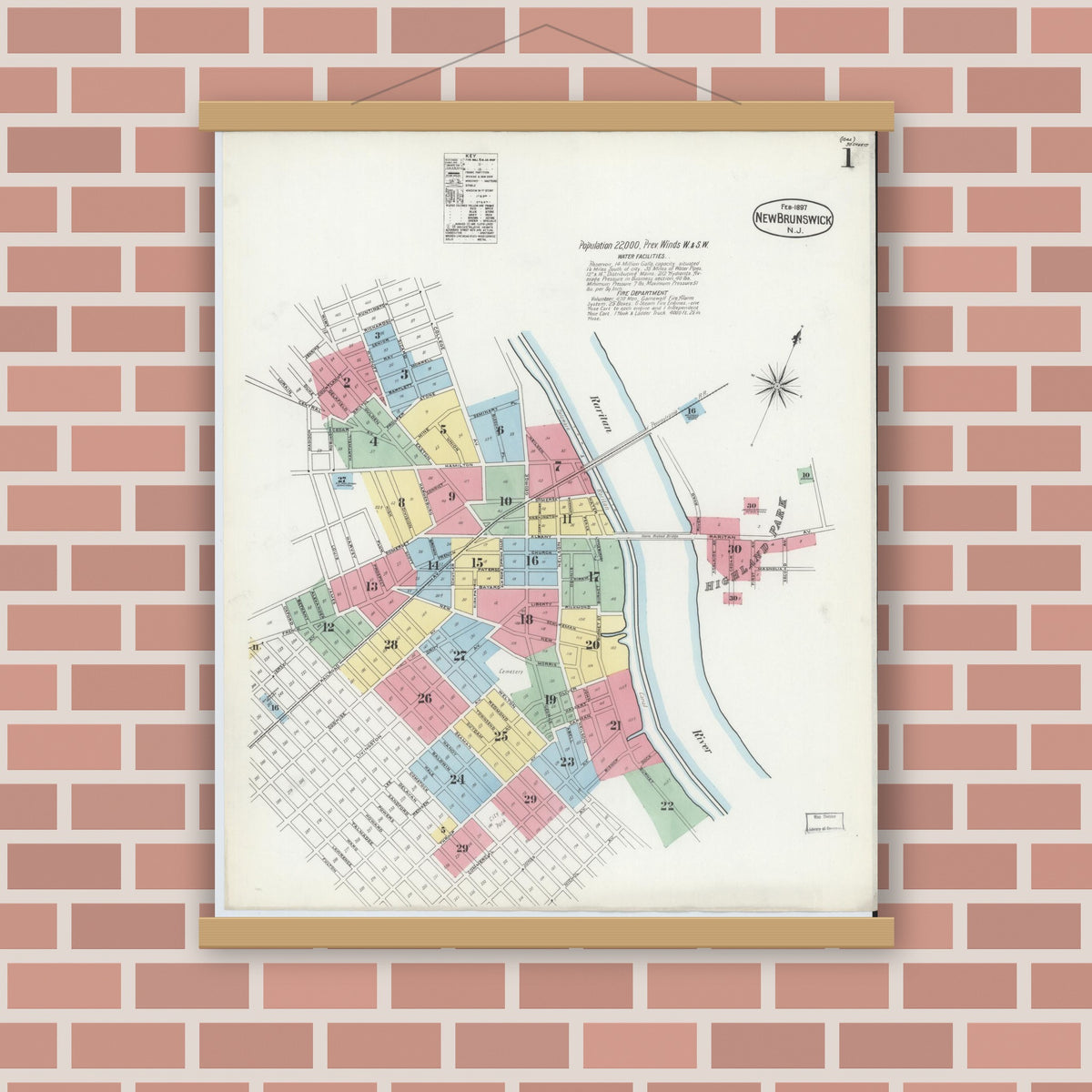 Old map wall art mockup — magnetic wood frame on brick wall — Sanborn Fire Insurance Map from New Brunswick, Middlesex County, New Jersey (1897) - Complete Map Set