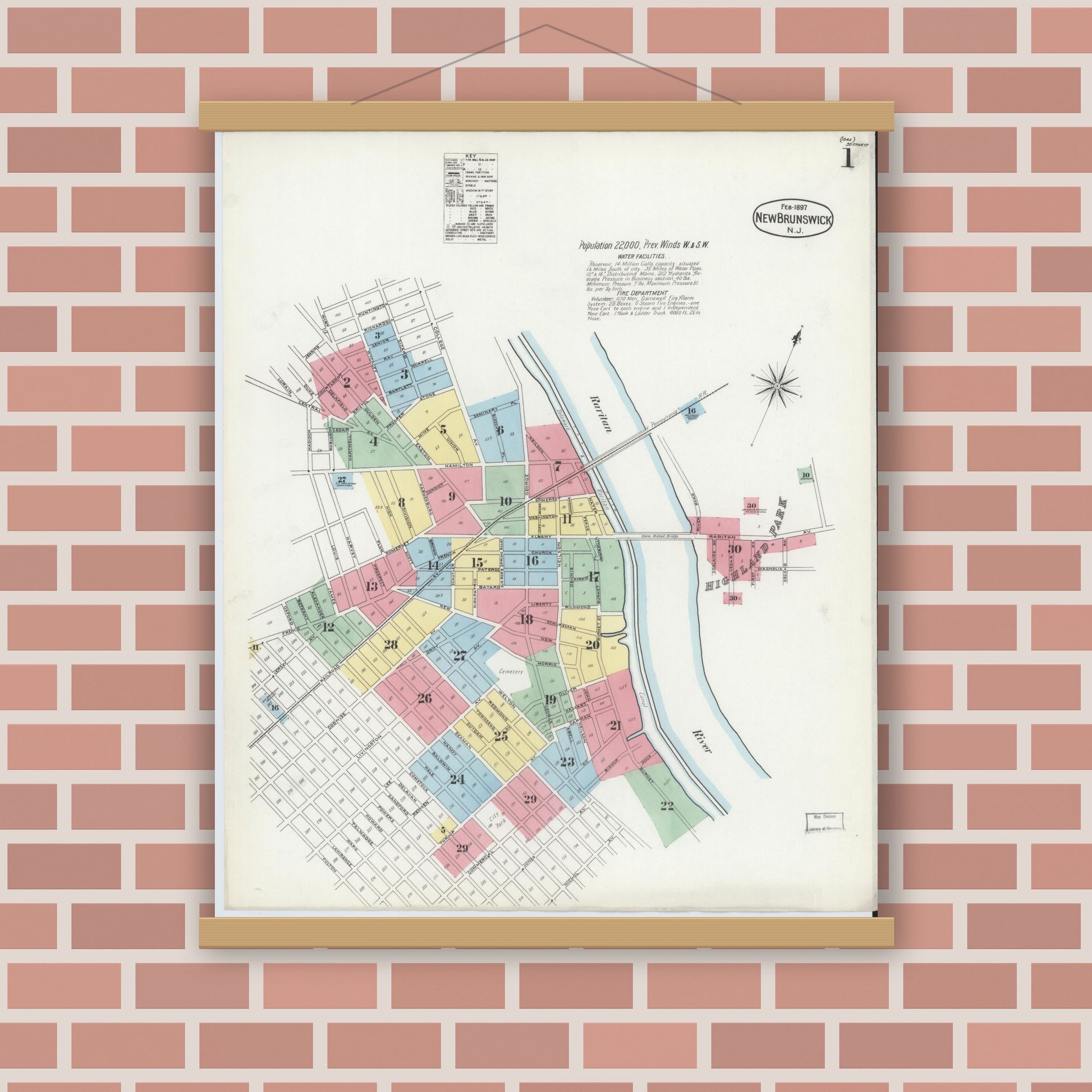 Old map wall art mockup — magnetic wood frame on brick wall — Sanborn Fire Insurance Map from New Brunswick, Middlesex County, New Jersey (1897) - Complete Map Set