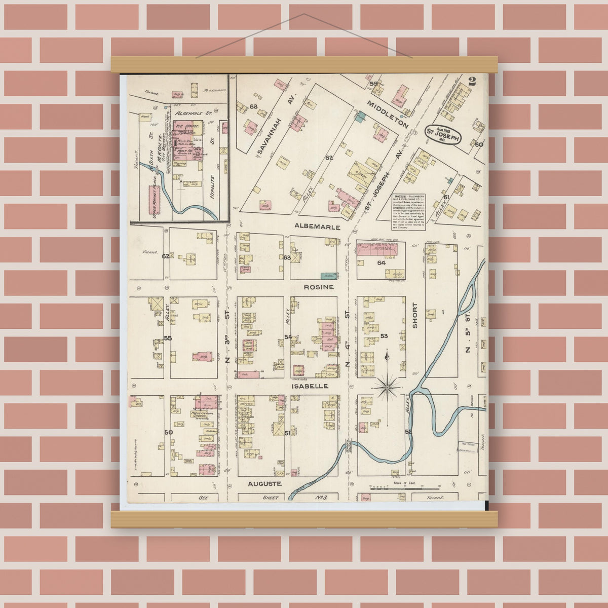 Old map wall art mockup — magnetic wood frame on brick wall — Sanborn Fire Insurance Map from Saint Joseph, Buchanan County, Missouri (1883), Sheet #0002