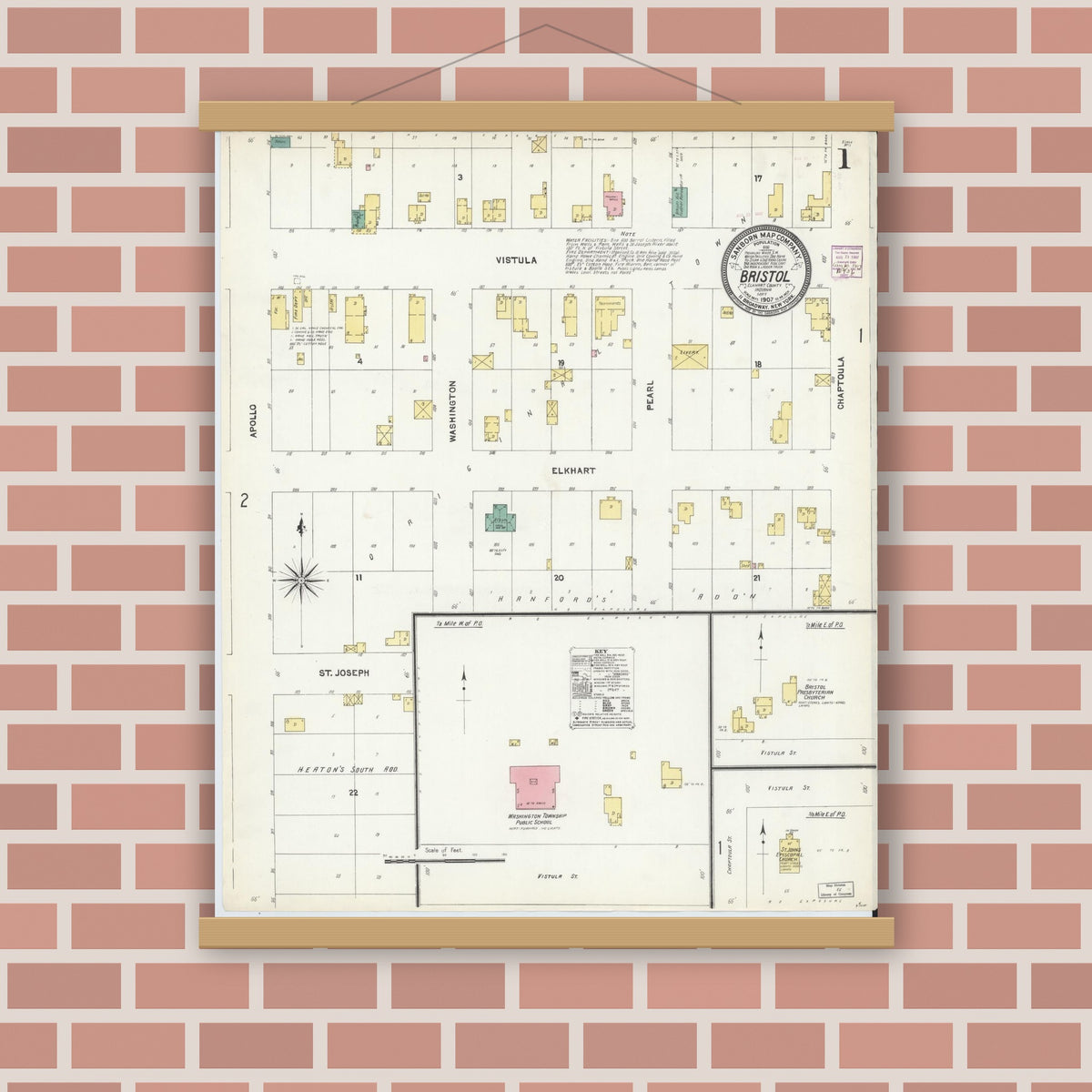 Old map wall art mockup — magnetic wood frame on brick wall — Sanborn Fire Insurance Map from Bristol, Elkhart County, Indiana (1907), Sheet #0001