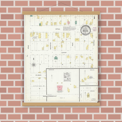 Old map wall art mockup — magnetic wood frame on brick wall — Sanborn Fire Insurance Map from Bristol, Elkhart County, Indiana (1907), Sheet #0001
