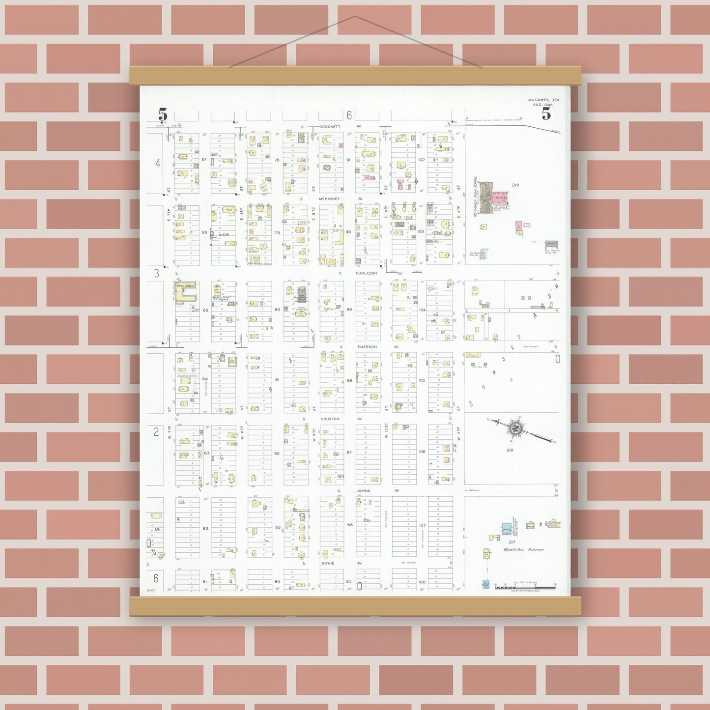 Old map wall art mockup — magnetic wood frame on brick wall — Sanborn Fire Insurance Map from McCamey, Upton County, Texas (1946), Sheet #0005