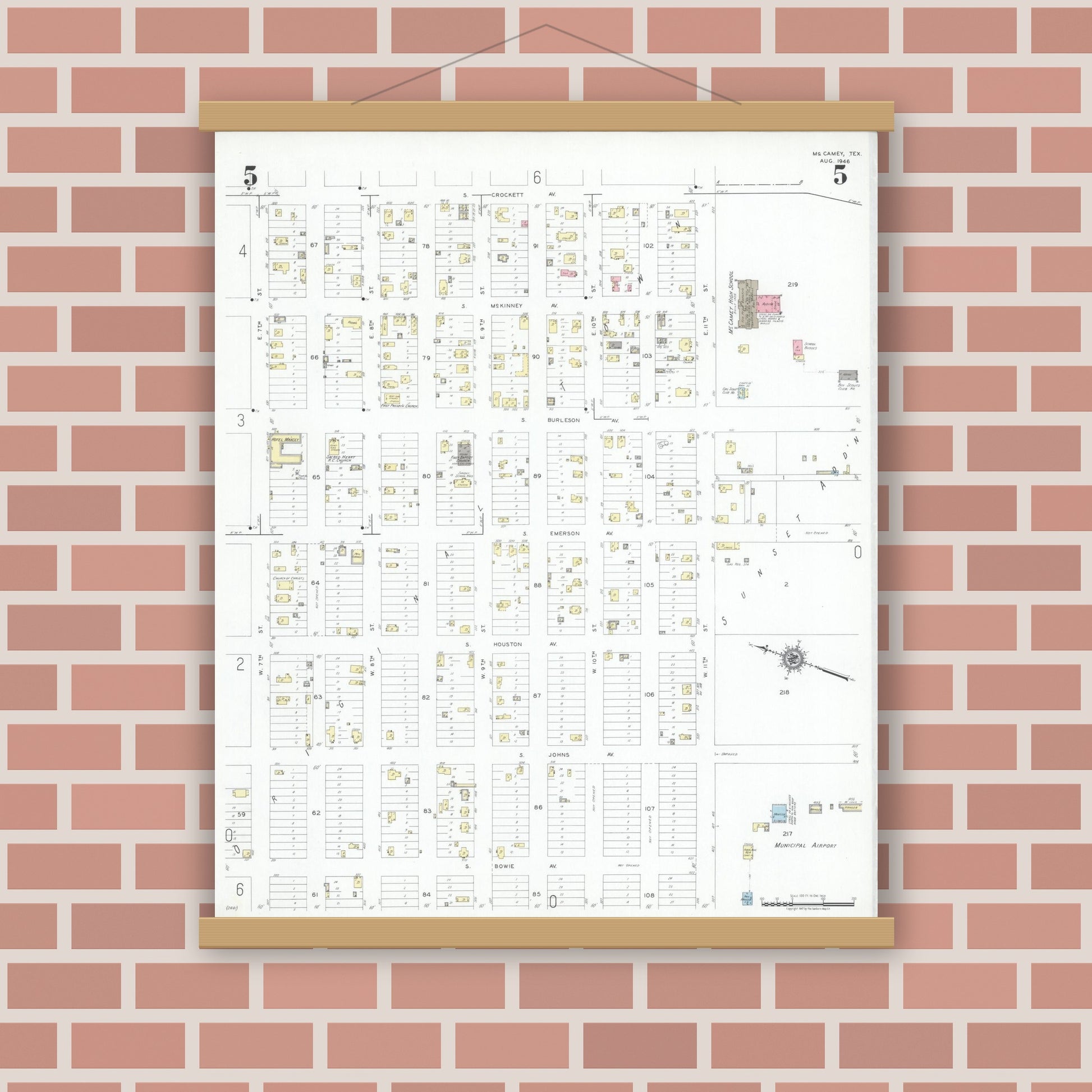 Old map wall art mockup — magnetic wood frame on brick wall — Sanborn Fire Insurance Map from McCamey, Upton County, Texas (1946), Sheet #0005