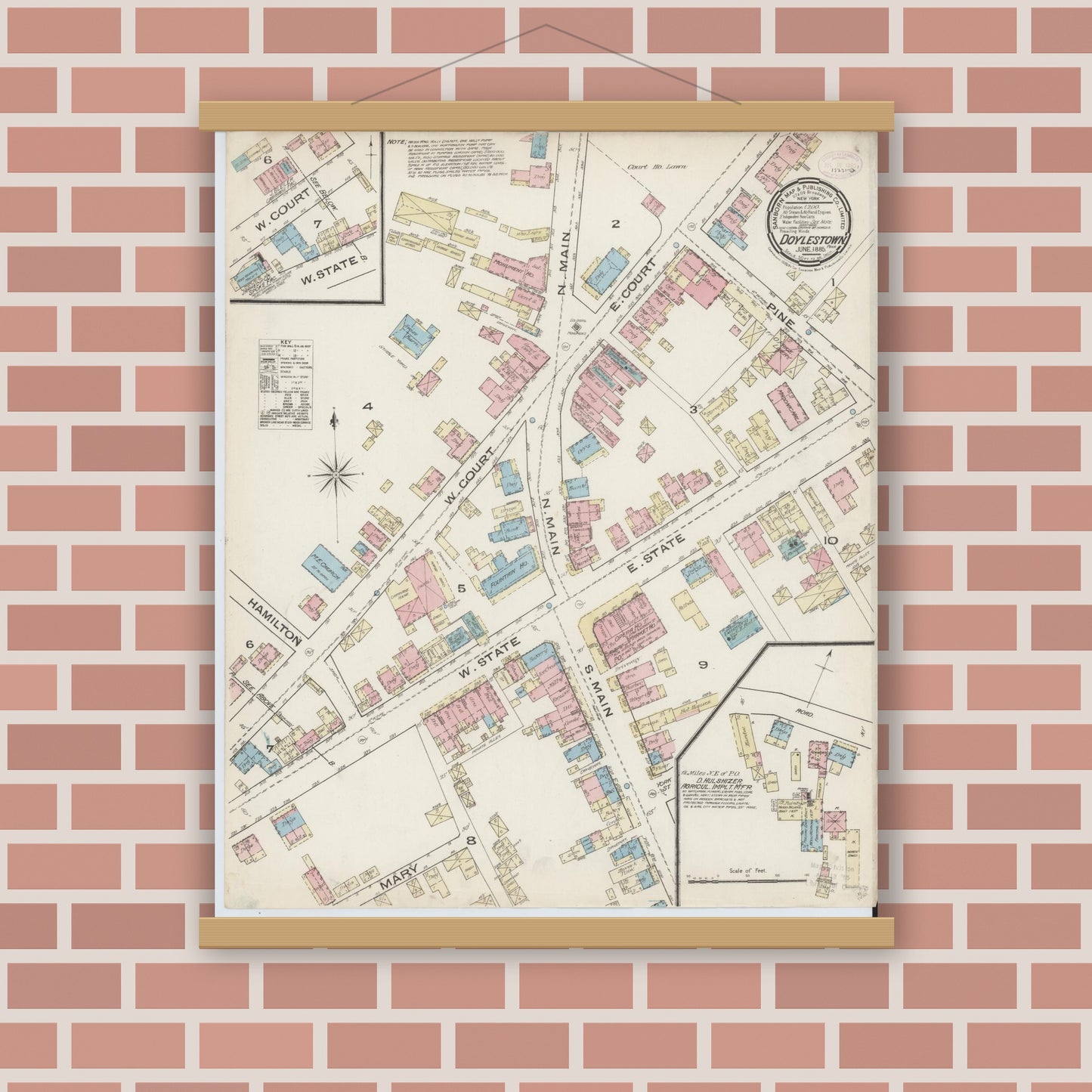 Old map wall art mockup — magnetic wood frame on brick wall — Sanborn Fire Insurance Map from Doylestown, Bucks County, Pennsylvania (1885), Sheet #0001