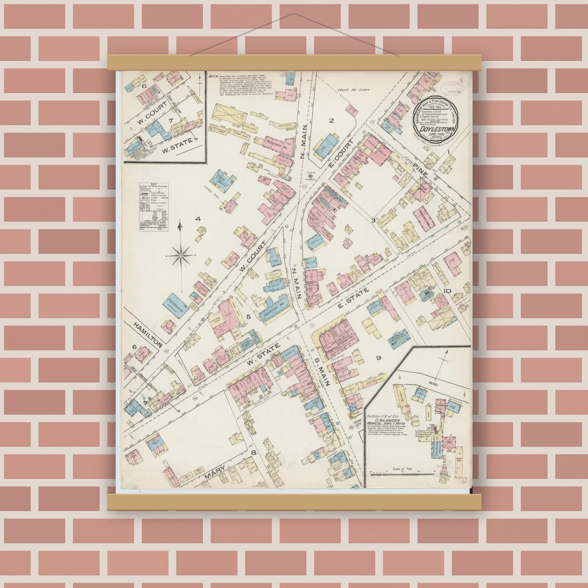 Old map wall art mockup — magnetic wood frame on brick wall — Sanborn Fire Insurance Map from Doylestown, Bucks County, Pennsylvania (1885), Sheet #0001