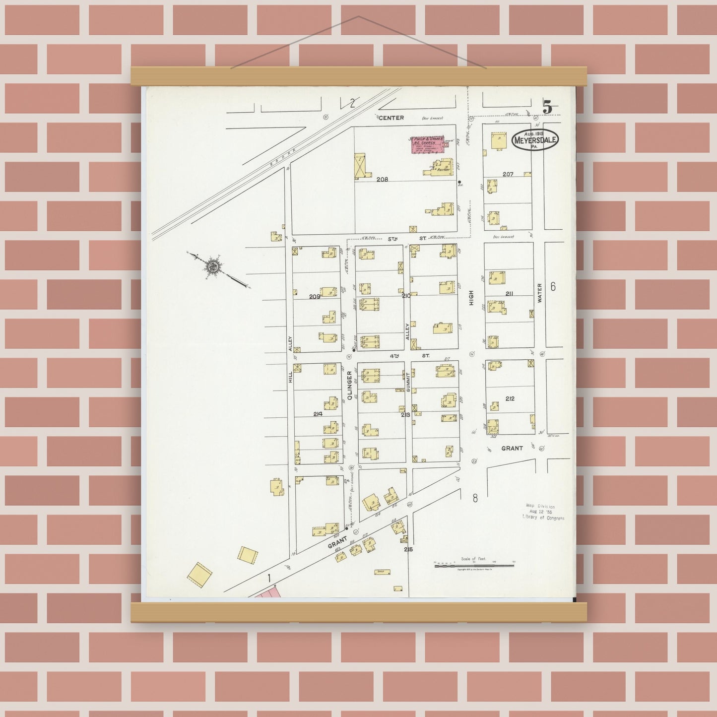 Old map wall art mockup — magnetic wood frame on brick wall — Sanborn Fire Insurance Map from Meyersdale, Somerset County, Pennsylvania (1919), Sheet #0005