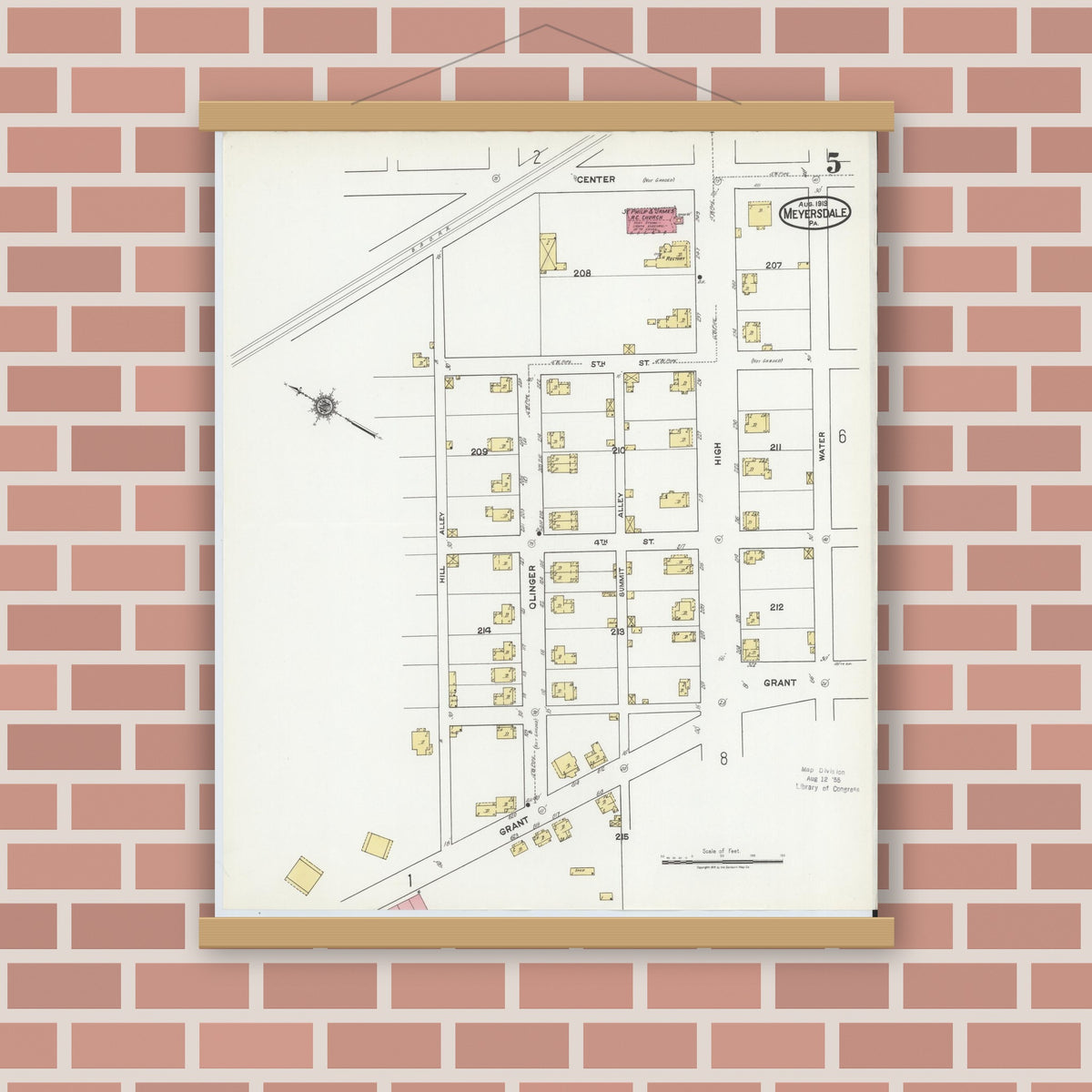Old map wall art mockup — magnetic wood frame on brick wall — Sanborn Fire Insurance Map from Meyersdale, Somerset County, Pennsylvania (1919), Sheet #0005