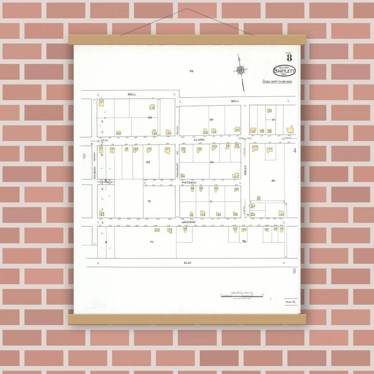 Old map wall art mockup — magnetic wood frame on brick wall — Sanborn Fire Insurance Map from Bartlett, Bell and Williamson Counties, Texas (1921), Sheet #0008