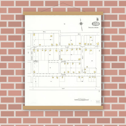 Old map wall art mockup — magnetic wood frame on brick wall — Sanborn Fire Insurance Map from Bartlett, Bell and Williamson Counties, Texas (1921), Sheet #0008