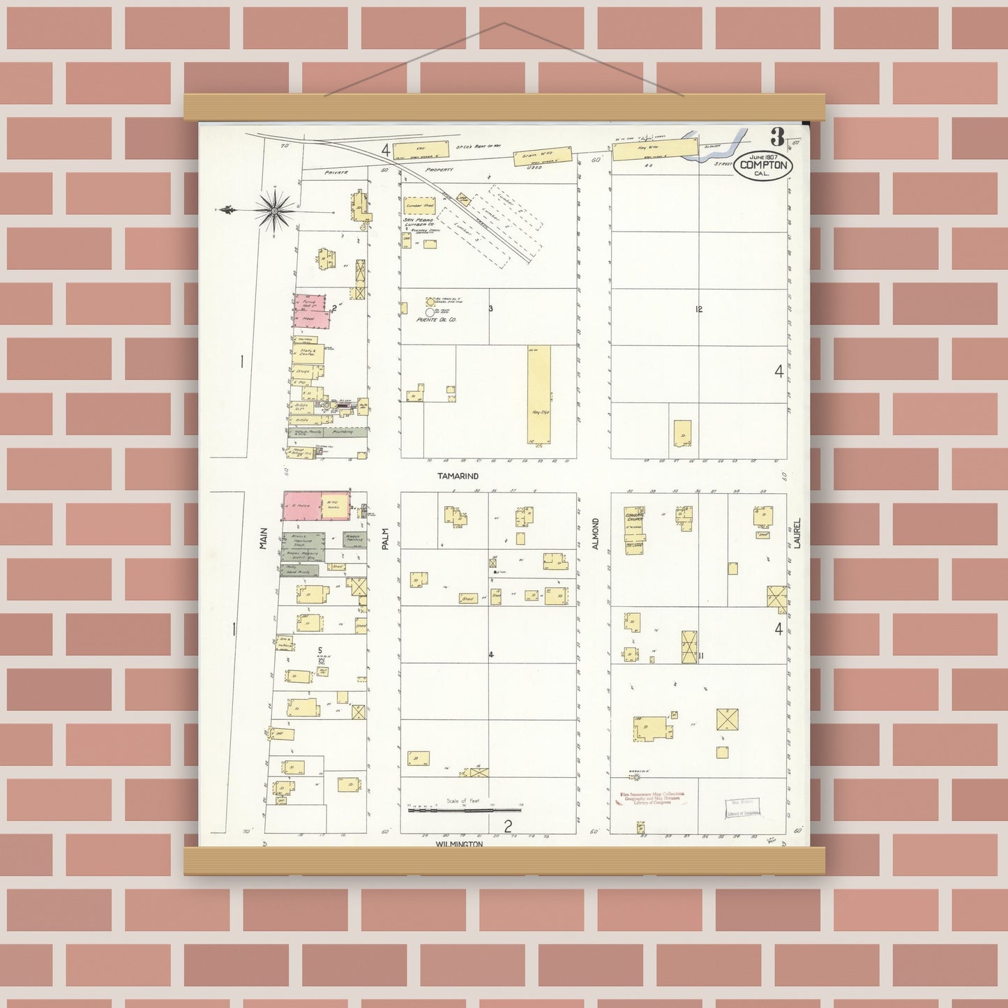 Old map wall art mockup — magnetic wood frame on brick wall — Sanborn Fire Insurance Map from Compton, Los Angeles County, California (1907), Sheet #0003