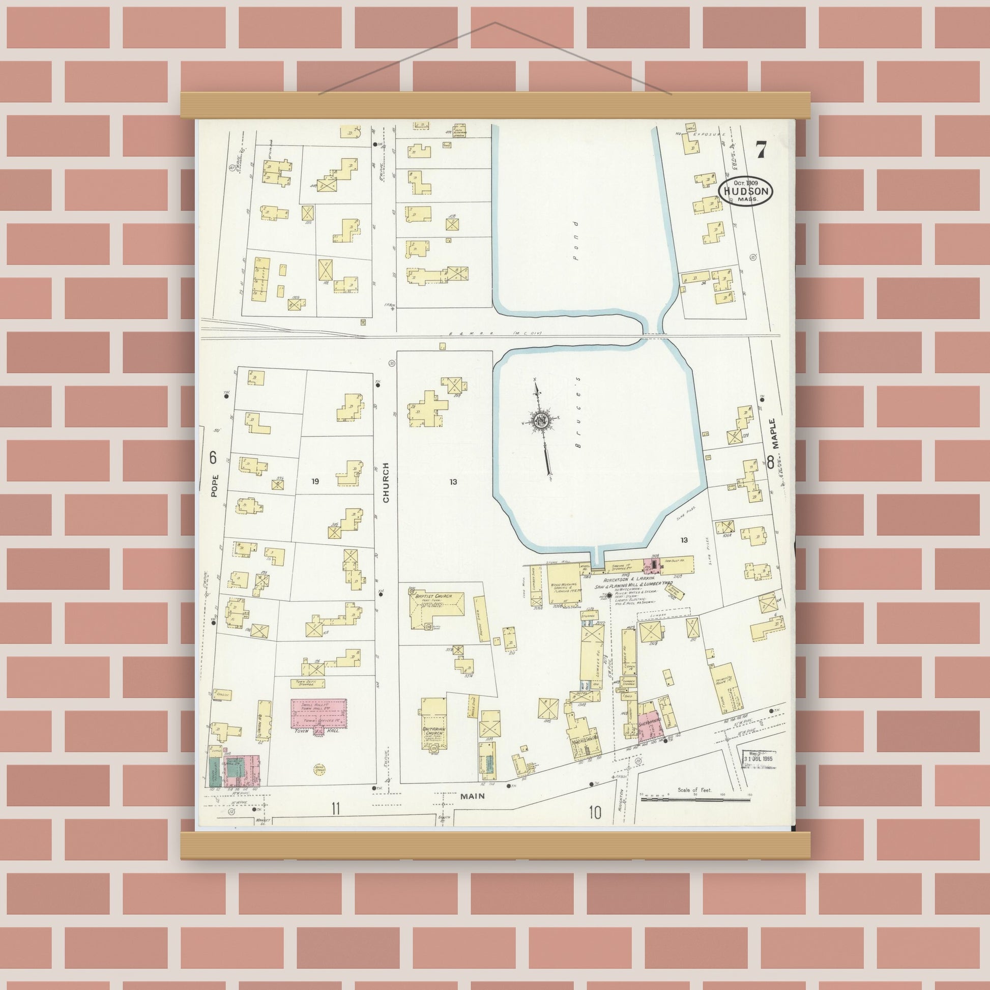 Old map wall art mockup — magnetic wood frame on brick wall — Sanborn Fire Insurance Map from Hudson, Middlesex County, Massachusetts (1909), Sheet #0007