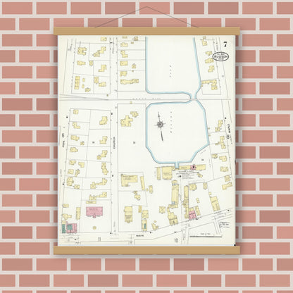 Old map wall art mockup — magnetic wood frame on brick wall — Sanborn Fire Insurance Map from Hudson, Middlesex County, Massachusetts (1909), Sheet #0007