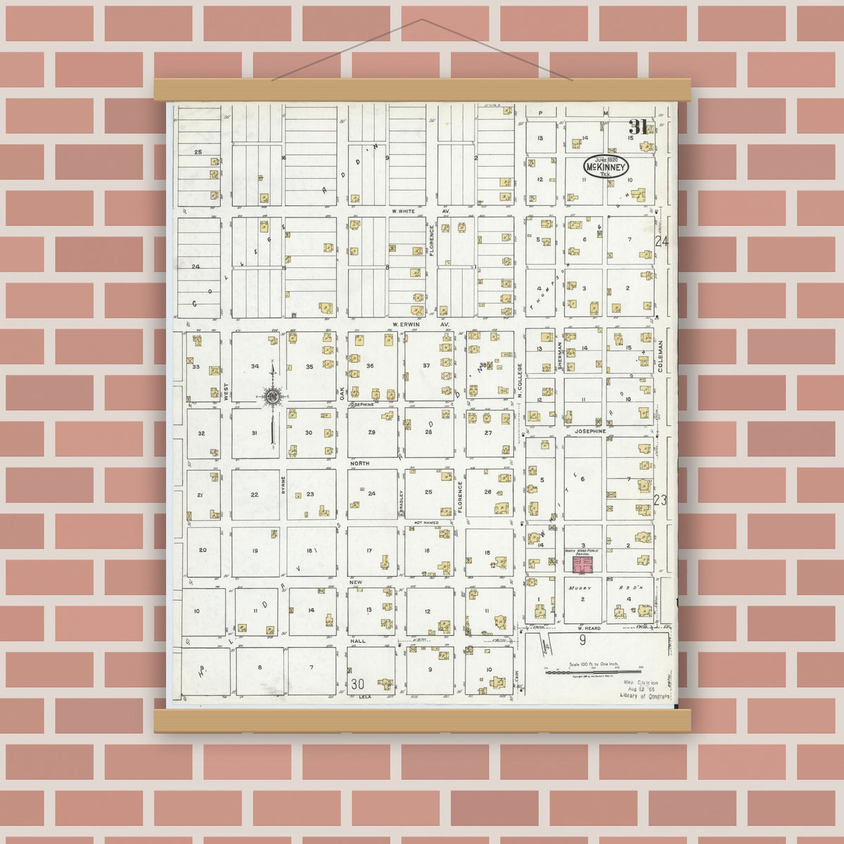 Old map wall art mockup — magnetic wood frame on brick wall — Sanborn Fire Insurance Map from McKinney, Collin County, Texas (1920), Sheet #0031