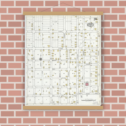 Old map wall art mockup — magnetic wood frame on brick wall — Sanborn Fire Insurance Map from McKinney, Collin County, Texas (1920), Sheet #0031