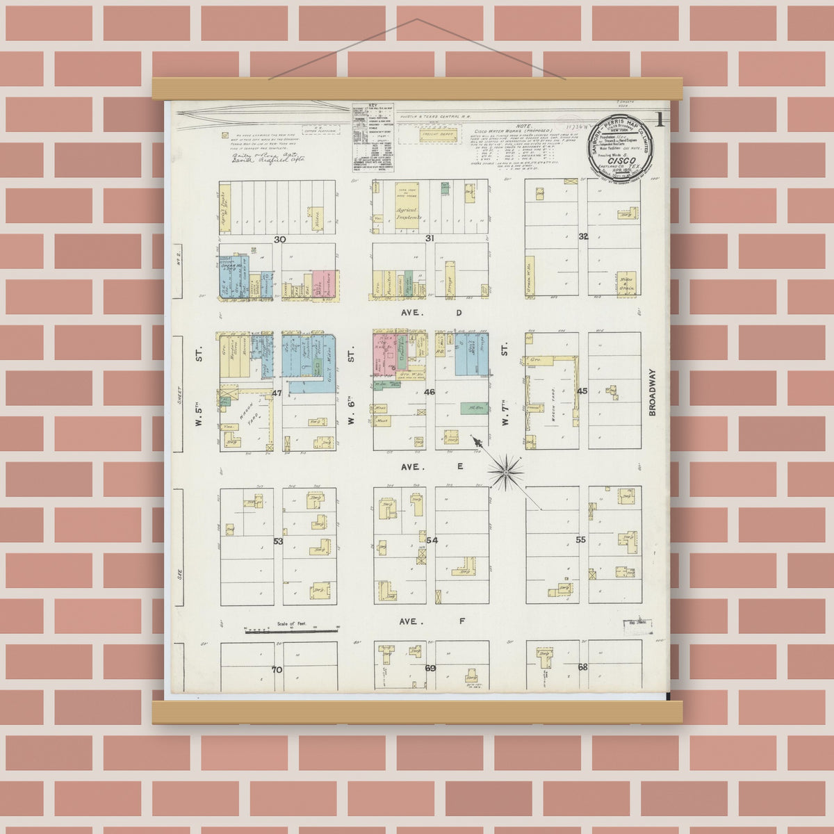 Old map wall art mockup — magnetic wood frame on brick wall — Sanborn Fire Insurance Map from Cisco, Eastland County, Texas (1891) - Complete Map Set