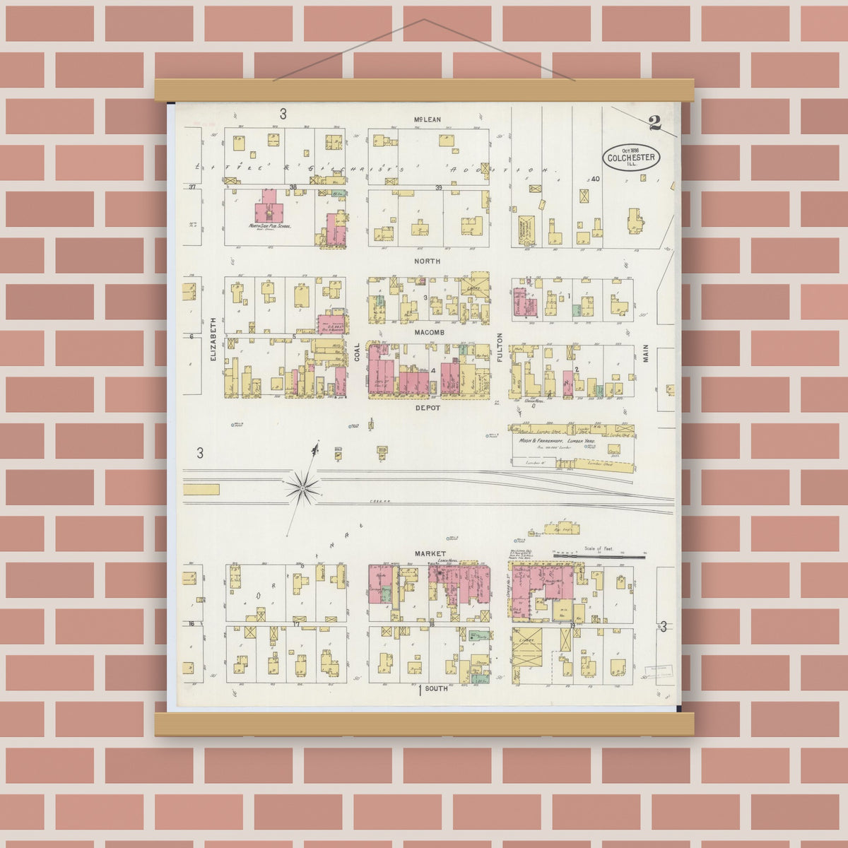 Old map wall art mockup — magnetic wood frame on brick wall — Sanborn Fire Insurance Map from Colchester, Mcdonough County, Illinois (1898), Sheet #0002