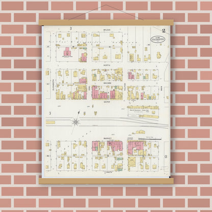 Old map wall art mockup — magnetic wood frame on brick wall — Sanborn Fire Insurance Map from Colchester, Mcdonough County, Illinois (1898), Sheet #0002