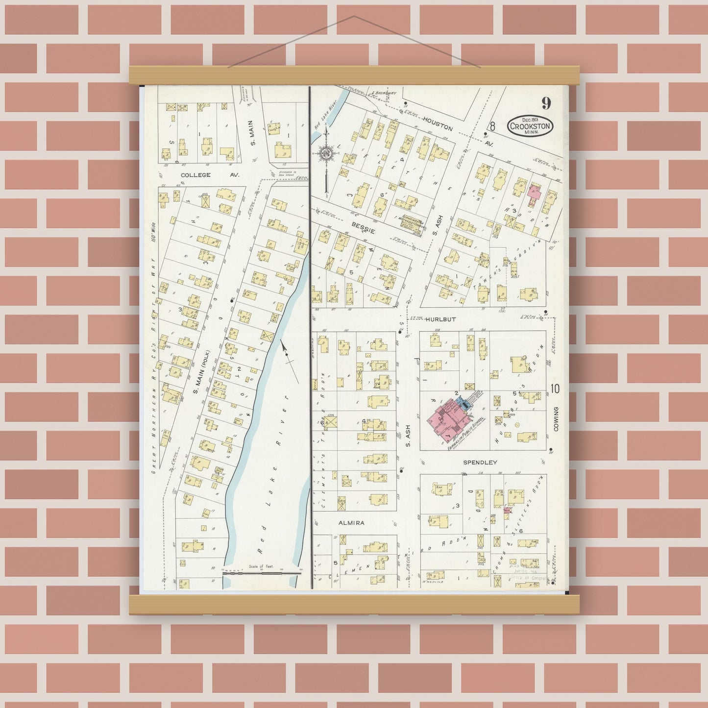 Old map wall art mockup — magnetic wood frame on brick wall — Sanborn Fire Insurance Map from Crookston, Polk County, Minnesota (1913), Sheet #0009