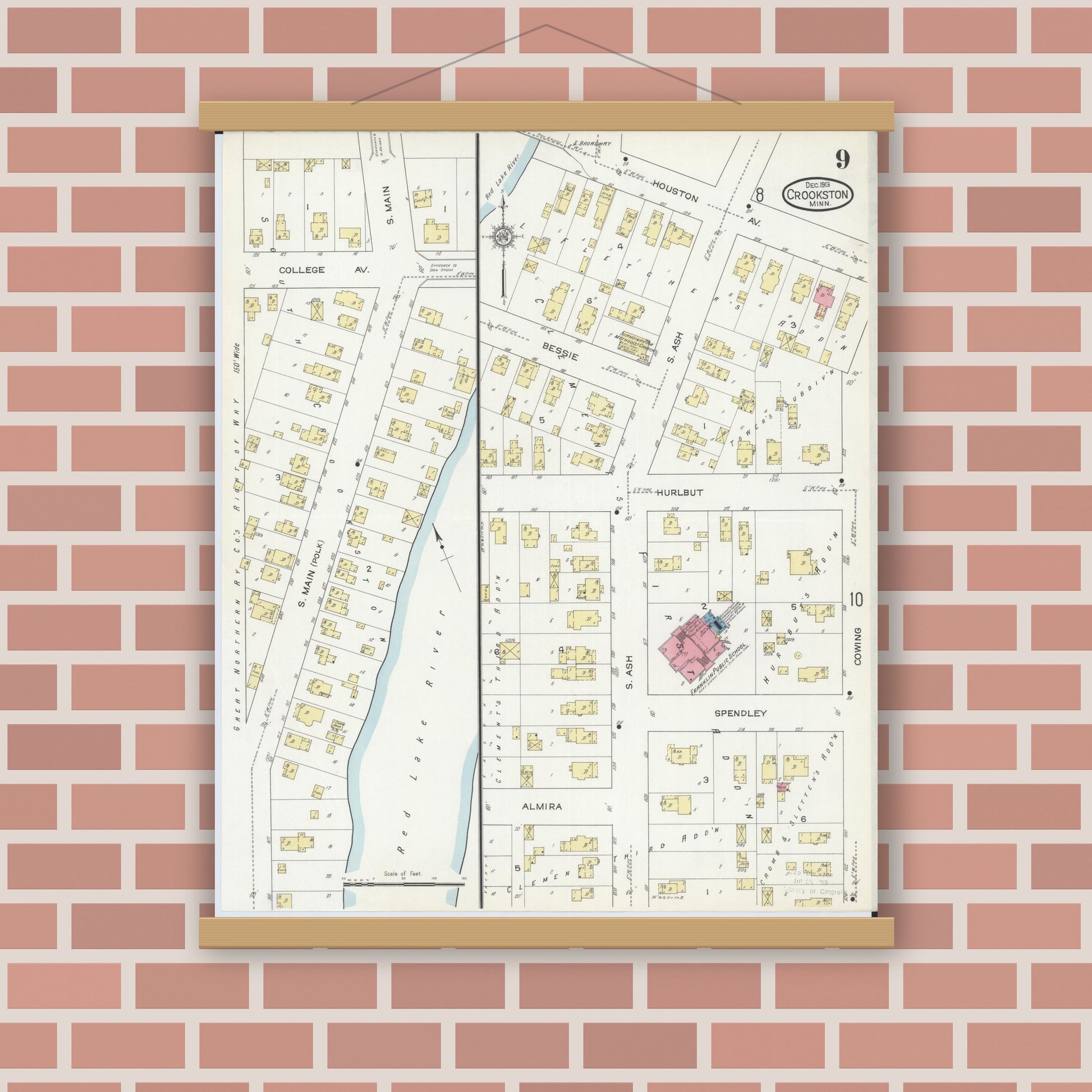 Old map wall art mockup — magnetic wood frame on brick wall — Sanborn Fire Insurance Map from Crookston, Polk County, Minnesota (1913), Sheet #0009