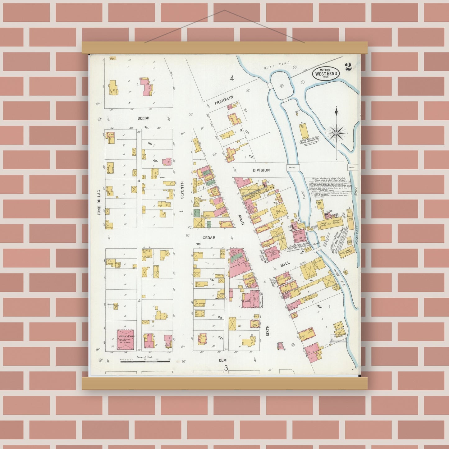 Old map wall art mockup — magnetic wood frame on brick wall — Sanborn Fire Insurance Map from West Bend, Washington County, Wisconsin (1900), Sheet #0002