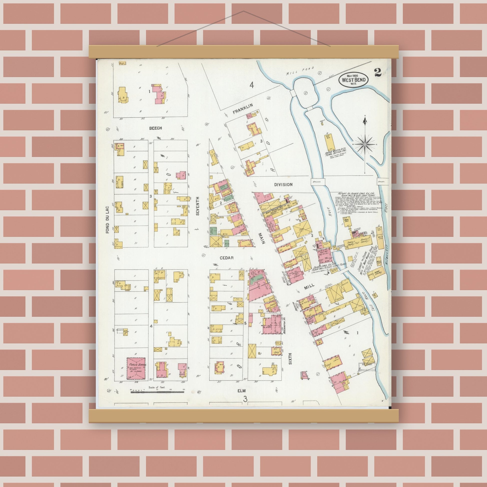 Old map wall art mockup — magnetic wood frame on brick wall — Sanborn Fire Insurance Map from West Bend, Washington County, Wisconsin (1900), Sheet #0002