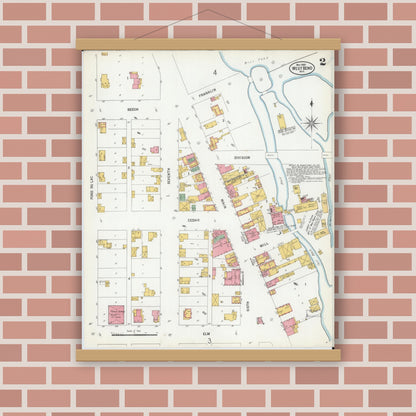 Old map wall art mockup — magnetic wood frame on brick wall — Sanborn Fire Insurance Map from West Bend, Washington County, Wisconsin (1900), Sheet #0002