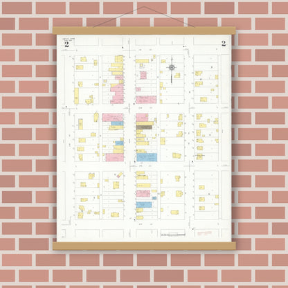 Old map wall art mockup — magnetic wood frame on brick wall — Sanborn Fire Insurance Map from Adrian, Nobles County, Minnesota (1937), Sheet #0002