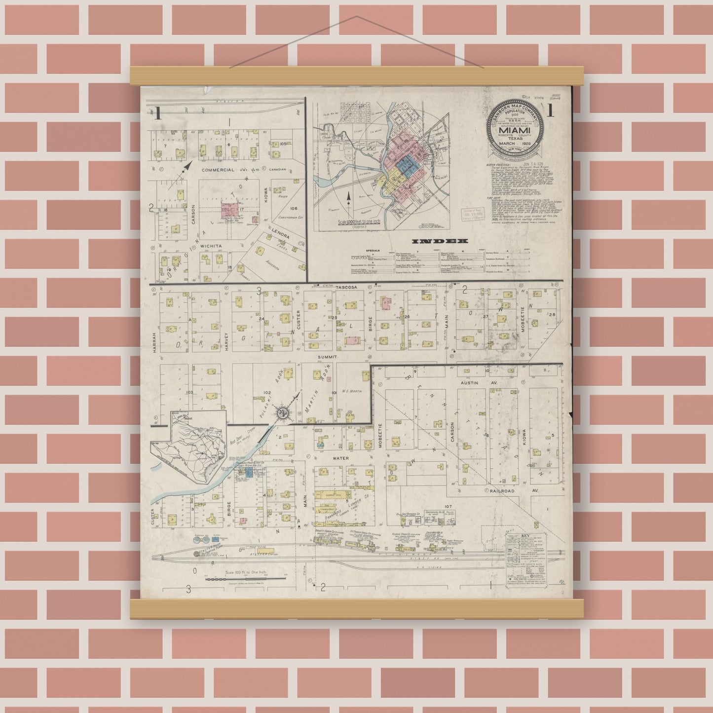 Old map wall art mockup — magnetic wood frame on brick wall — Sanborn Fire Insurance Map from Miami, Roberts County, Texas (1929), Sheet #0001