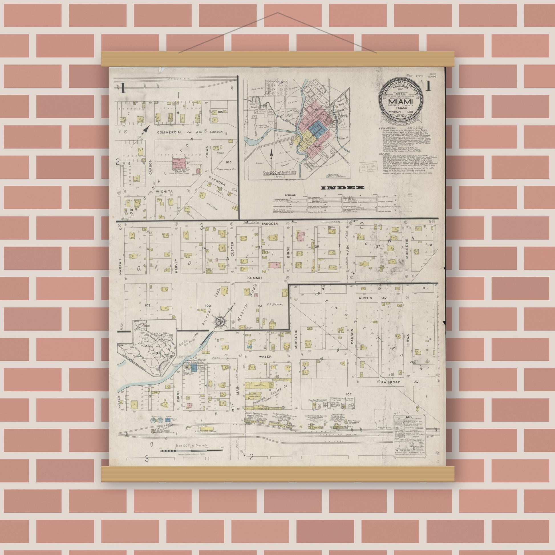 Old map wall art mockup — magnetic wood frame on brick wall — Sanborn Fire Insurance Map from Miami, Roberts County, Texas (1929), Sheet #0001