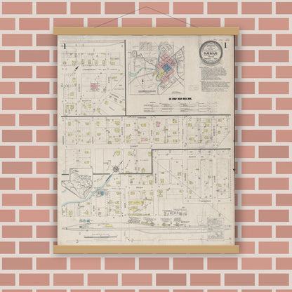 Old map wall art mockup — magnetic wood frame on brick wall — Sanborn Fire Insurance Map from Miami, Roberts County, Texas (1929), Sheet #0001