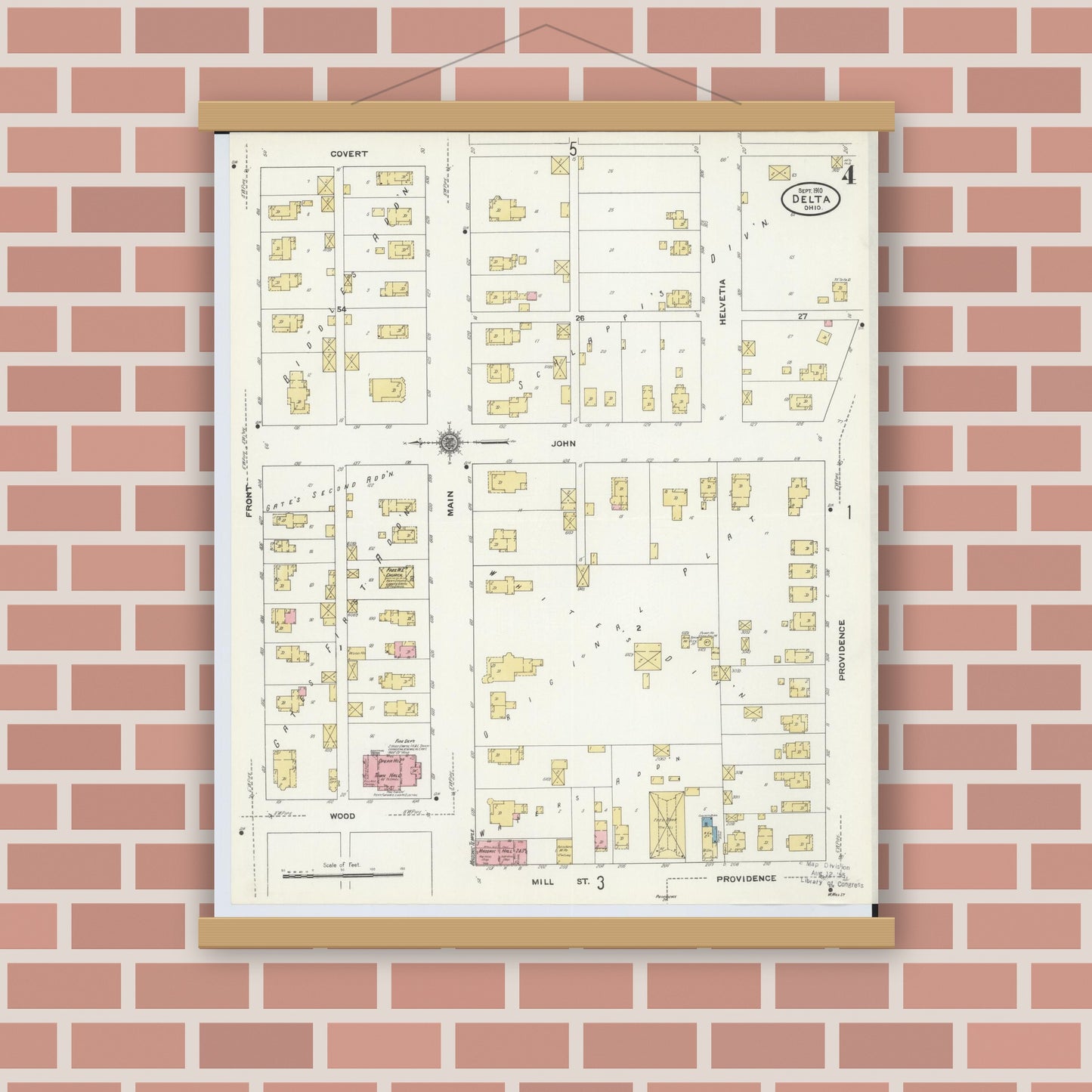 Old map wall art mockup — magnetic wood frame on brick wall — Sanborn Fire Insurance Map from Delta, Fulton County, Ohio (1905), Sheet #0008
