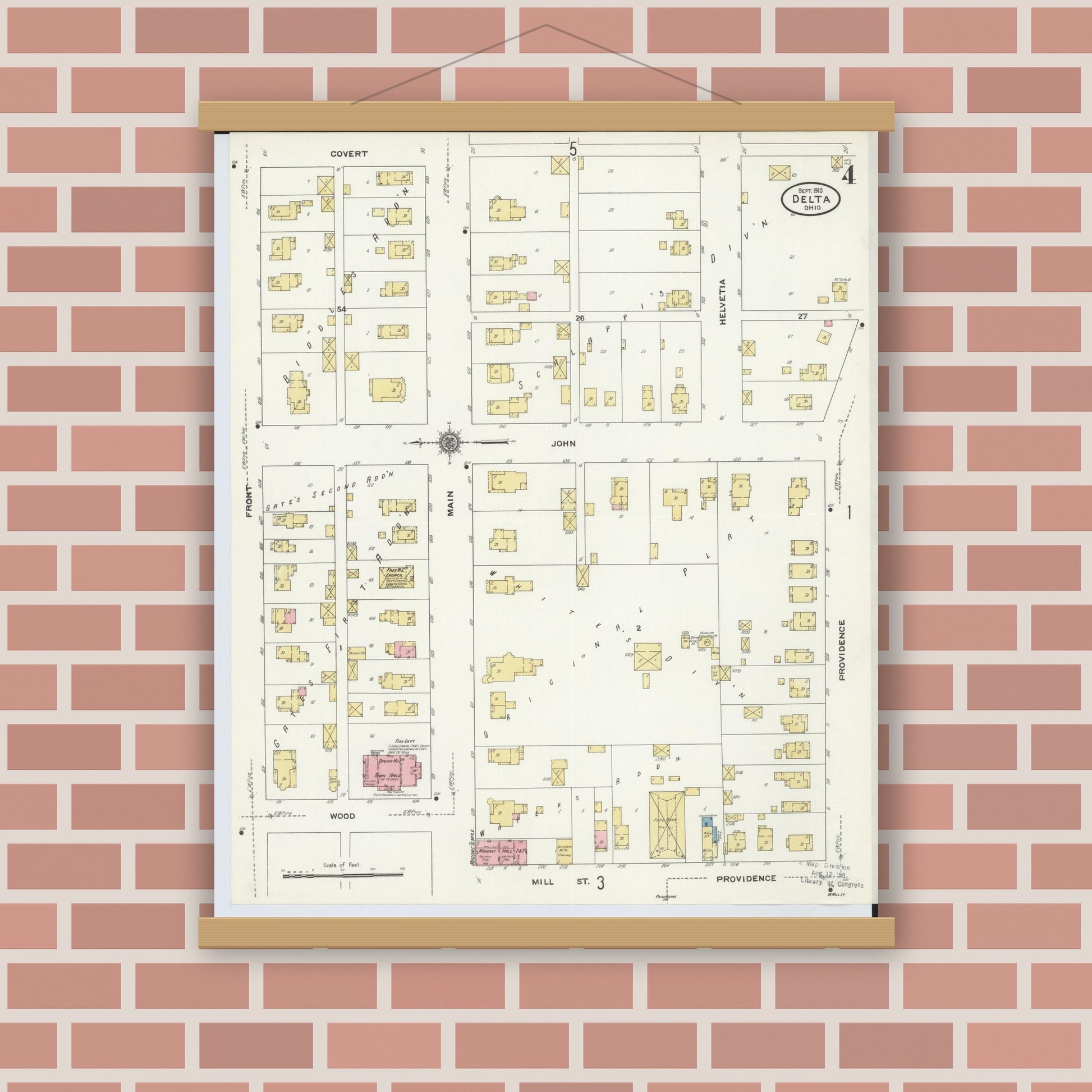 Old map wall art mockup — magnetic wood frame on brick wall — Sanborn Fire Insurance Map from Delta, Fulton County, Ohio (1905), Sheet #0008