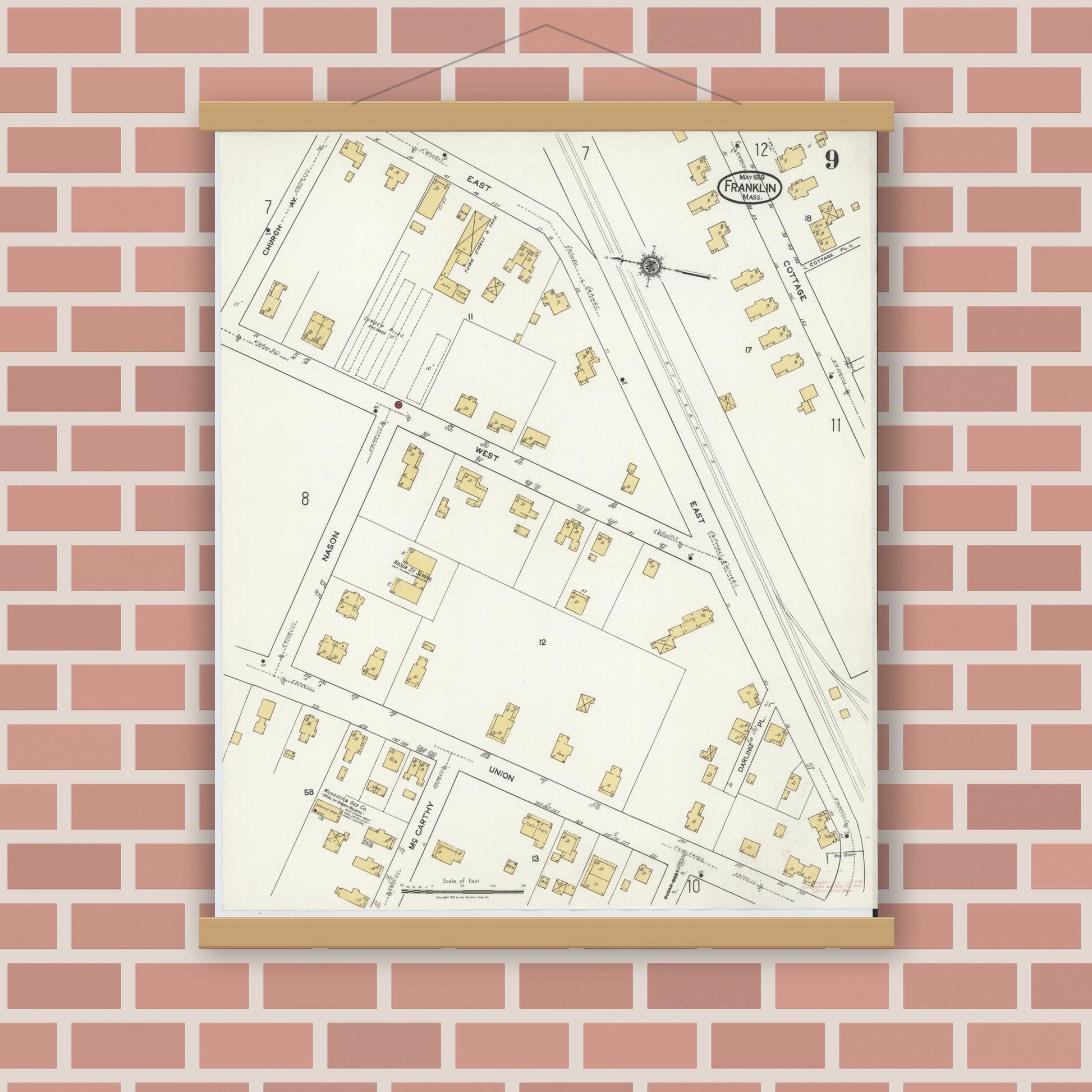 Old map wall art mockup — magnetic wood frame on brick wall — Sanborn Fire Insurance Map from Franklin, Norfolk County, Massachusetts (1919), Sheet #0009