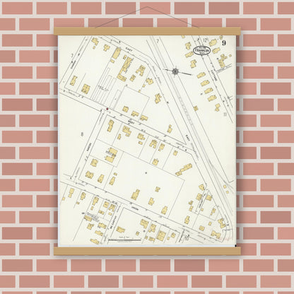 Old map wall art mockup — magnetic wood frame on brick wall — Sanborn Fire Insurance Map from Franklin, Norfolk County, Massachusetts (1919), Sheet #0009