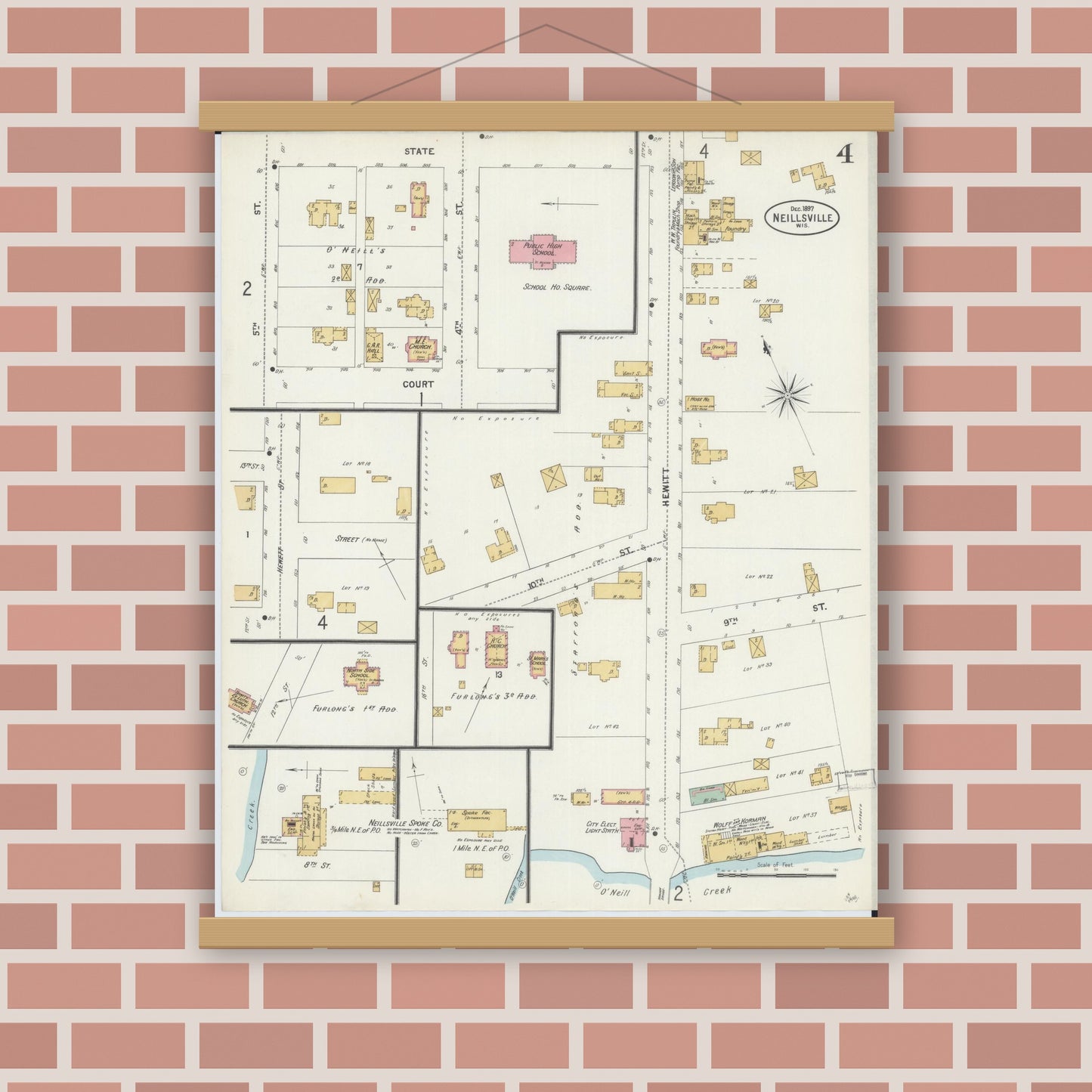 Old map wall art mockup — magnetic wood frame on brick wall — Sanborn Fire Insurance Map from Neillsville, Clark County, Wisconsin (1897), Sheet #0004