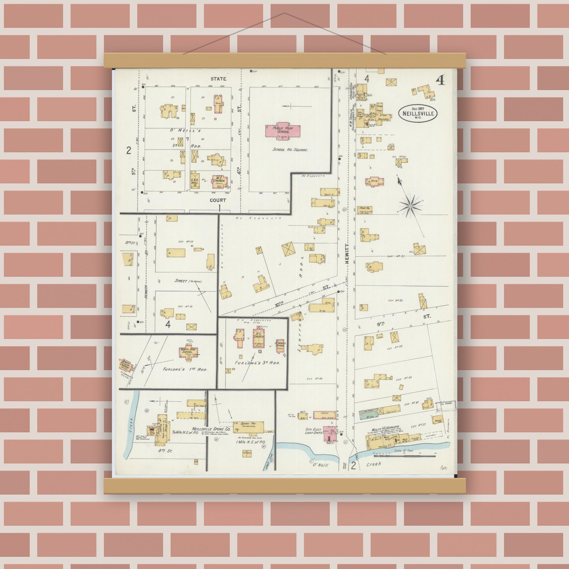 Old map wall art mockup — magnetic wood frame on brick wall — Sanborn Fire Insurance Map from Neillsville, Clark County, Wisconsin (1897), Sheet #0004