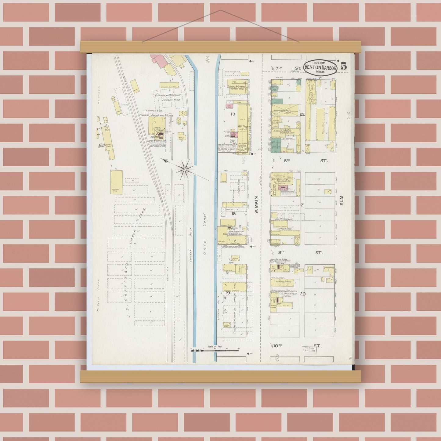 Old map wall art mockup — magnetic wood frame on brick wall — Sanborn Fire Insurance Map from Benton Harbor, Berrien County, Michigan (1892), Sheet #0005