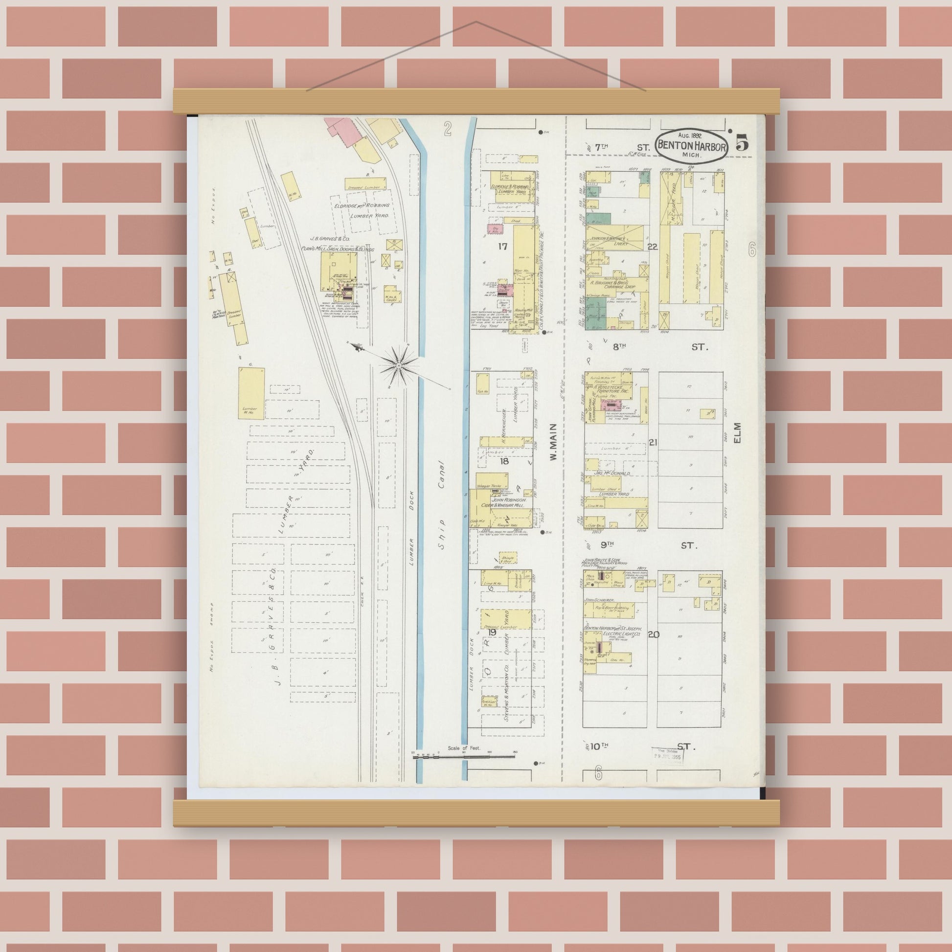 Old map wall art mockup — magnetic wood frame on brick wall — Sanborn Fire Insurance Map from Benton Harbor, Berrien County, Michigan (1892), Sheet #0005