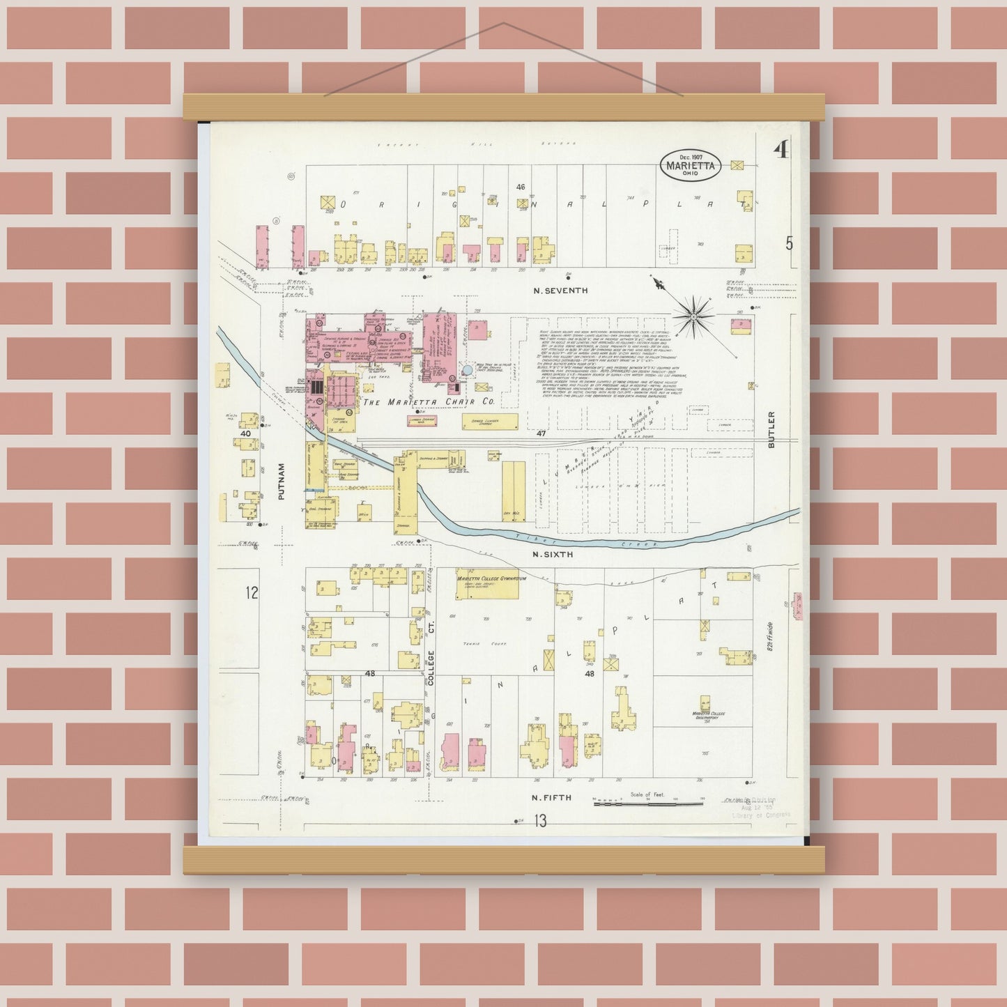 Old map wall art mockup — magnetic wood frame on brick wall — Sanborn Fire Insurance Map from Marietta, Washington County, Ohio (1907), Sheet #0004