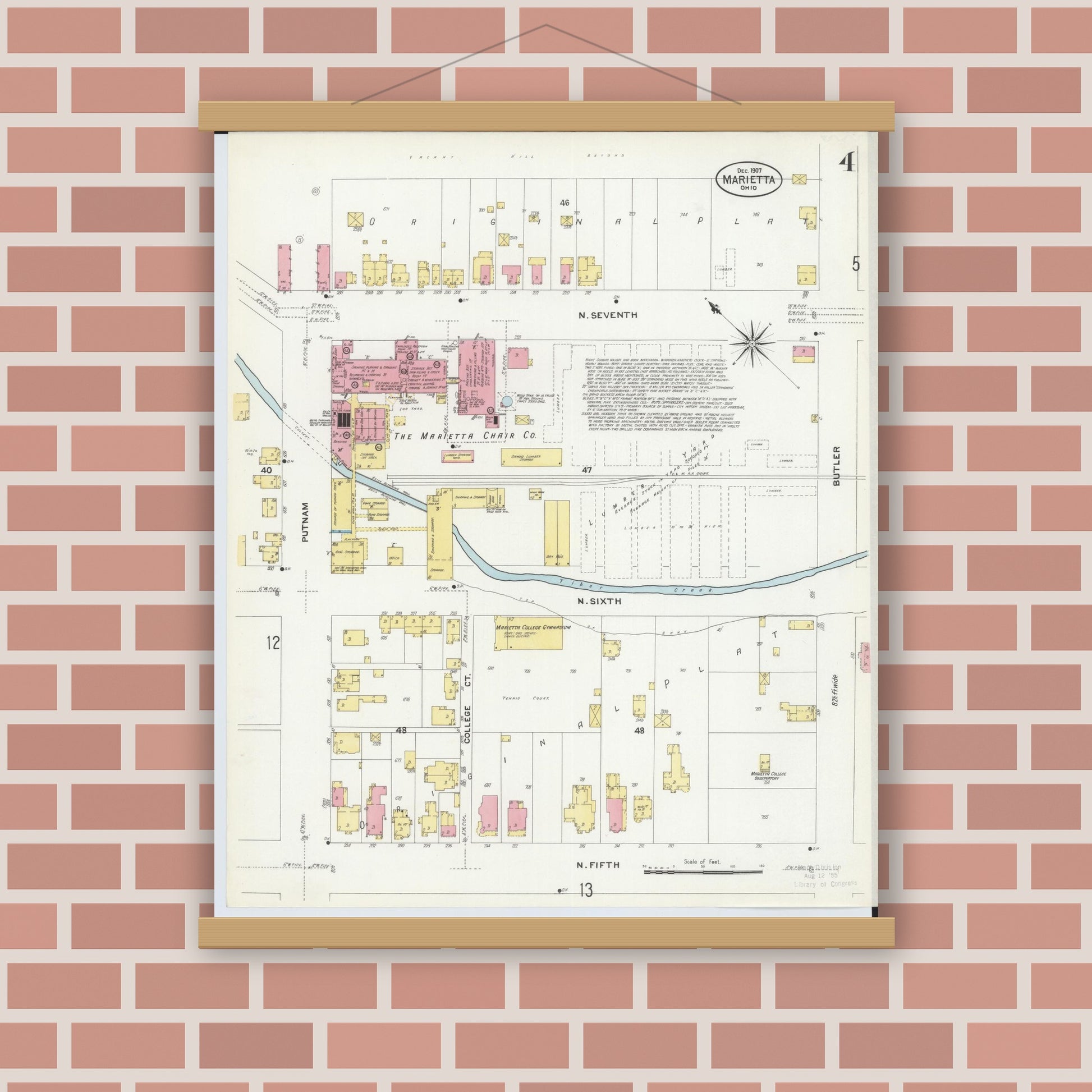 Old map wall art mockup — magnetic wood frame on brick wall — Sanborn Fire Insurance Map from Marietta, Washington County, Ohio (1907), Sheet #0004